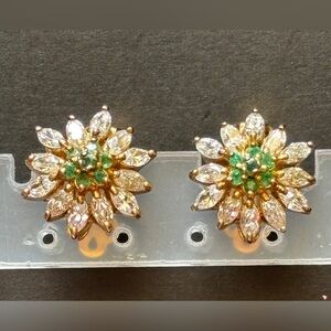 Flower Cluster Earrings with Green and Clear Stones Thailand 8.2g 925 Silver